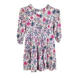 Zara Girls Ikat Print Midi Dress Sz 6 Boho Button Front Viscose 3/4 Sleeves Pink